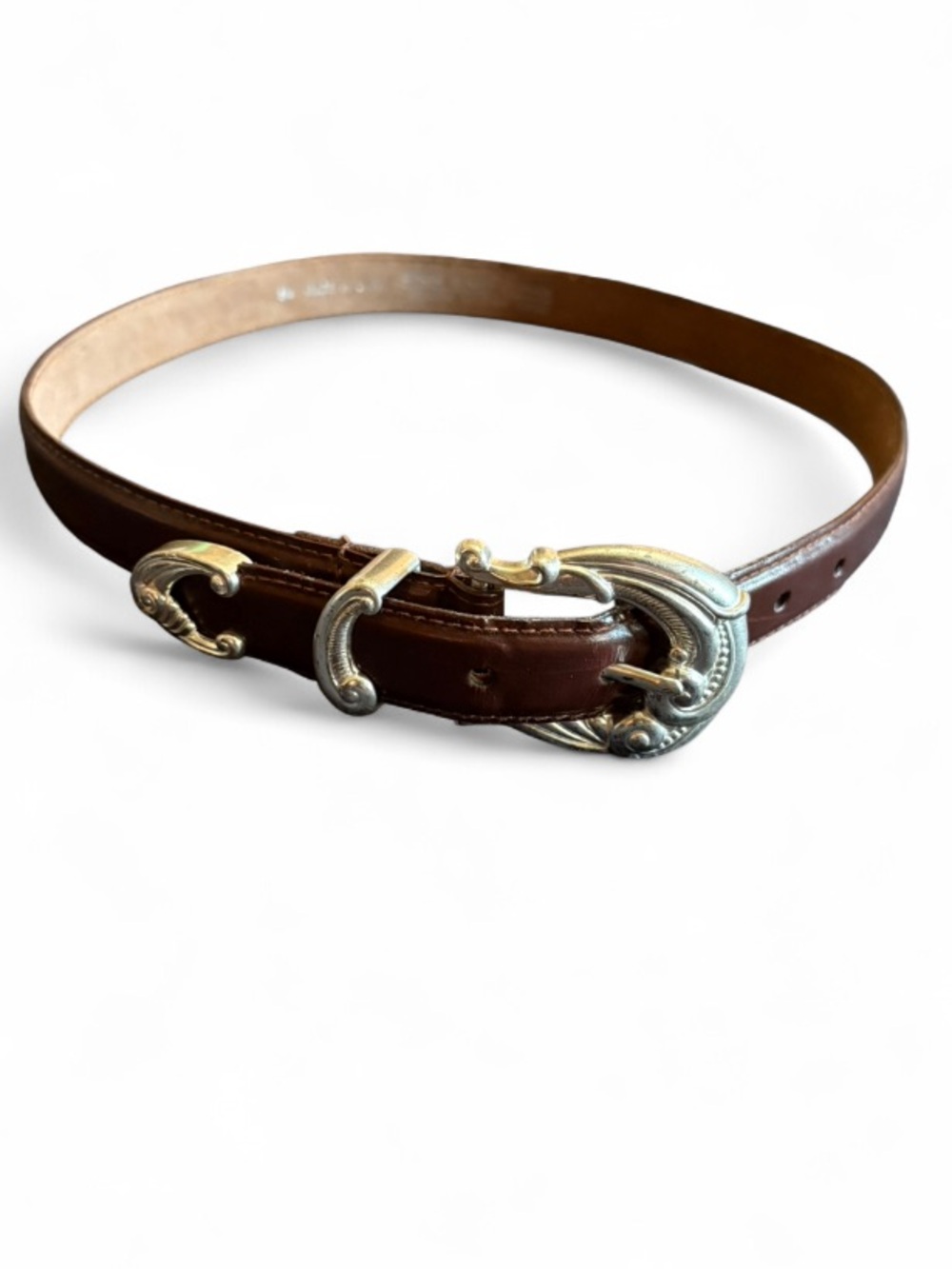 Leather Western Belt with Silver-Tone Floral Scroll Buckle